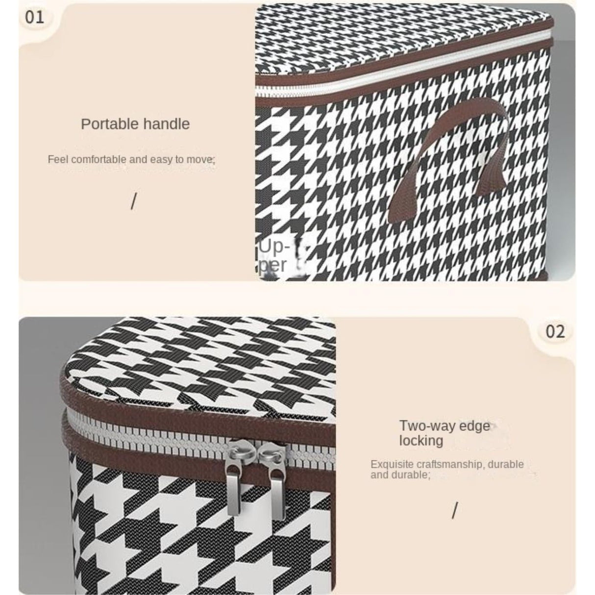 Cutie de Depozitare Pliabila, Flippy, 60x40x30 cm, 75 L, Fereastra Frontala, cu Fermoar Bidirectional, Suport Baza Stabil, Imprimeu in Carouri, Alb/Negru