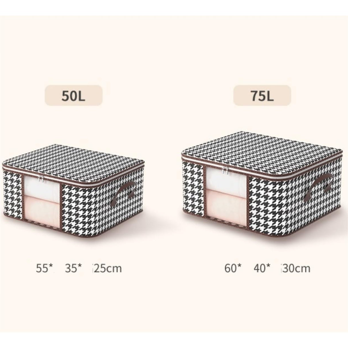 Cutie de Depozitare Pliabila, Flippy, 60x40x30 cm, 75 L, Fereastra Frontala, cu Fermoar Bidirectional, Suport Baza Stabil, Imprimeu in Carouri, Alb/Negru