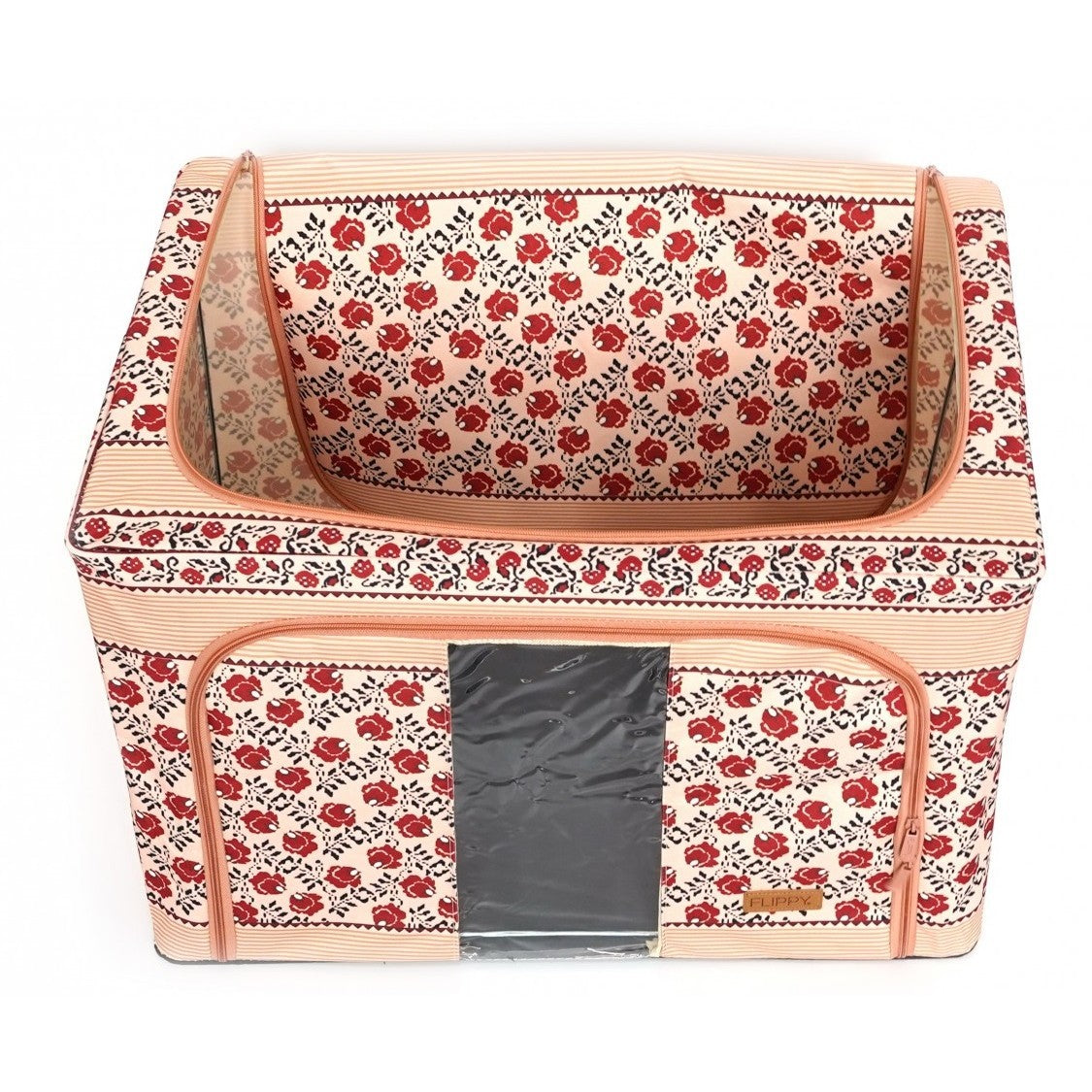 Cutie de Depozitare Pliabila, Vivimall, 66 L din Bumbac si In, 52 x 42 x 39 cm, Fereastra Frontala, 2 Usi de Acces cu Fermoar Bidirectional, Cadru Metalic, Suport Baza Stabil din Plastic, Motiv Traditional Model 7 - vivimall.ro