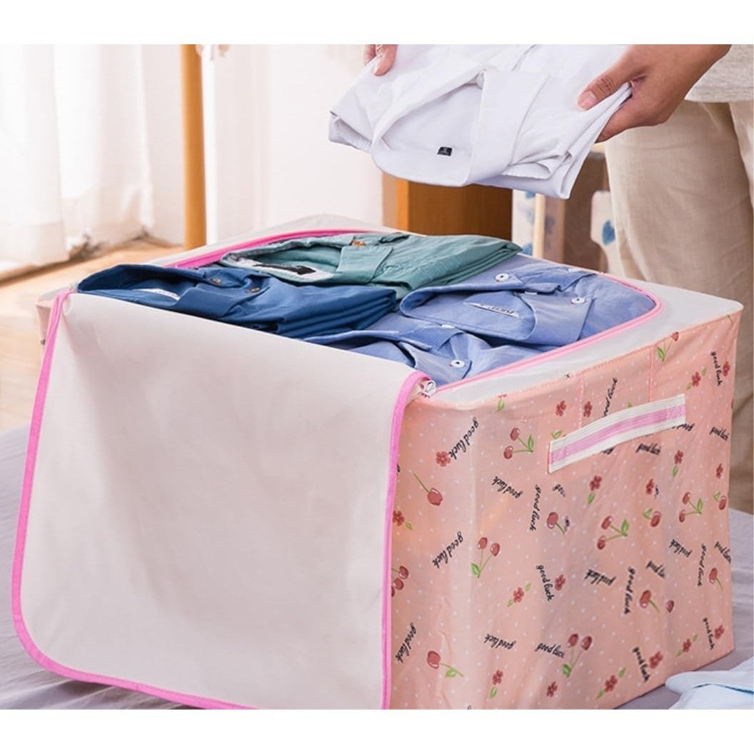 Cutie De Depozitare Pliabila, Cu Fermoar, 66 L, Textil, Cu Fereastra, Cadru Metalic, Suport Baza Stabil Din Plastic, Imprimeu Cirese, Resigilat - vivimall.ro