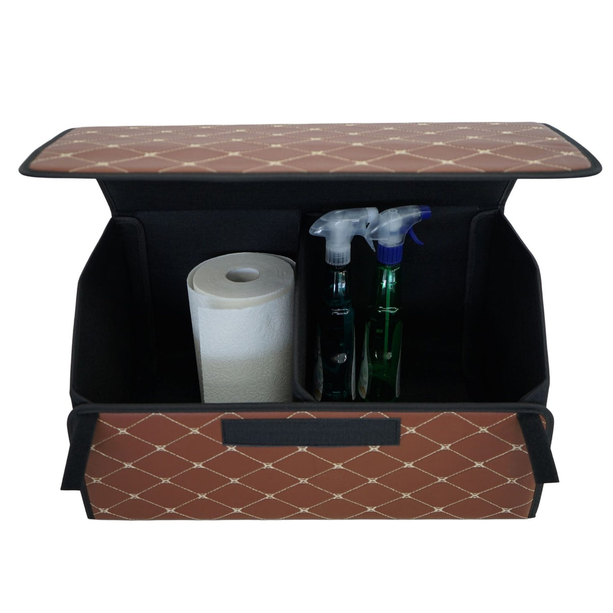 Cutie de Depozitare Auto, Flippy, Organizator Premium Portbagaj, Geanta Multifunctionala din Piele Ecologica, 2 Compartimente Depozitare, Pliabil, Rezistent la Uzura, Maro Inchis, 55 x 30 x 30cm - vivimall.ro