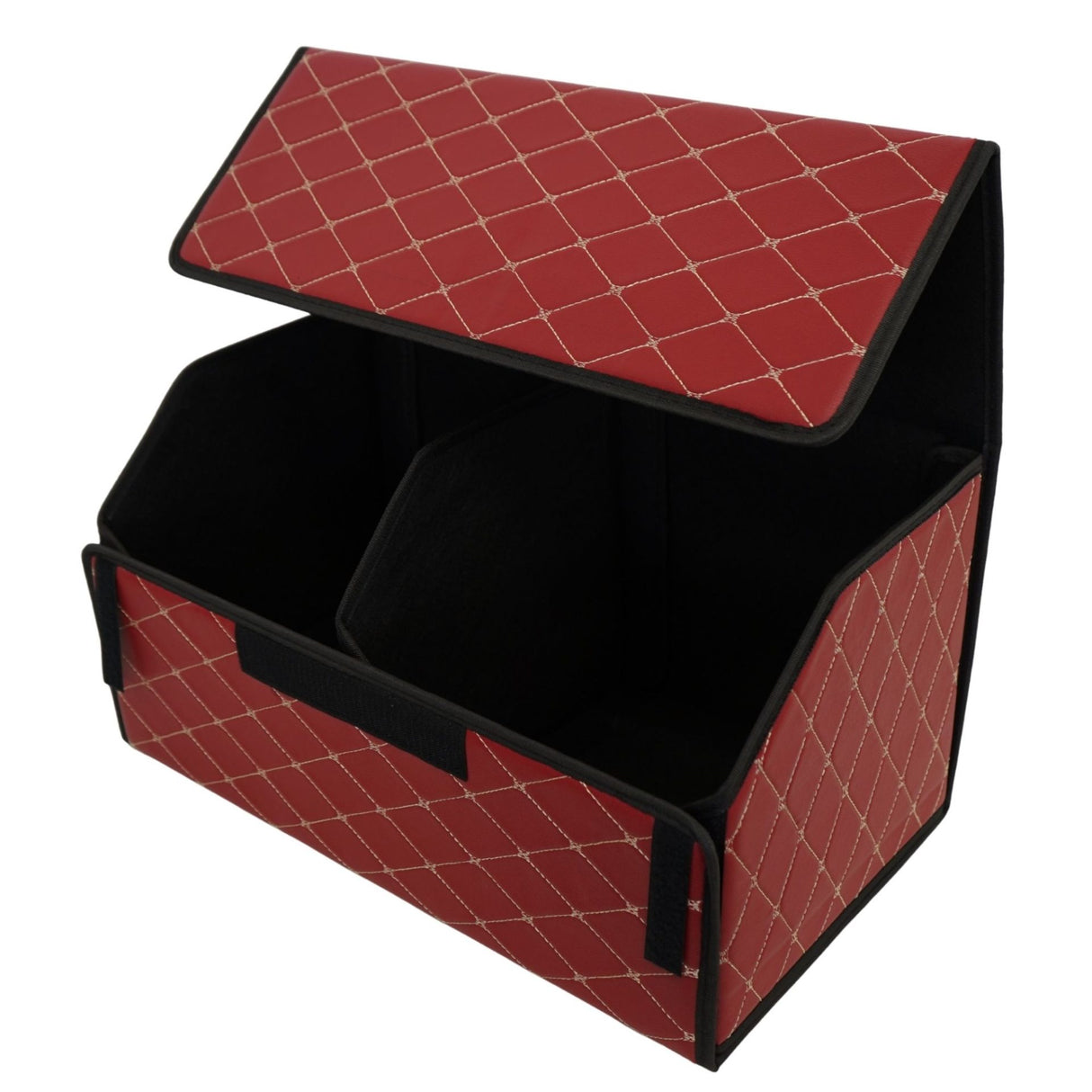 Cutie de Depozitare Auto, Flippy, Organizator Premium Portbagaj, Geanta Multifunctionala din Piele Ecologica, 2 Compartimente Depozitare, Rezistent la Uzura si Pliabil, Bordo, 55 x 30 x 30cm - vivimall.ro