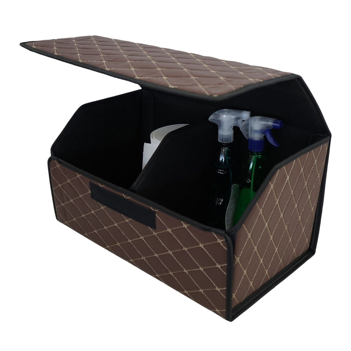 Cutie de Depozitare Auto, Flippy, Organizator Premium Portbagaj, Geanta Multifunctionala din Piele Ecologica, Rezistent la Uzura si Pliabil, 2 Compartimente Depozitare, Maro Havana, 55 x 30 x 30cm - vivimall.ro