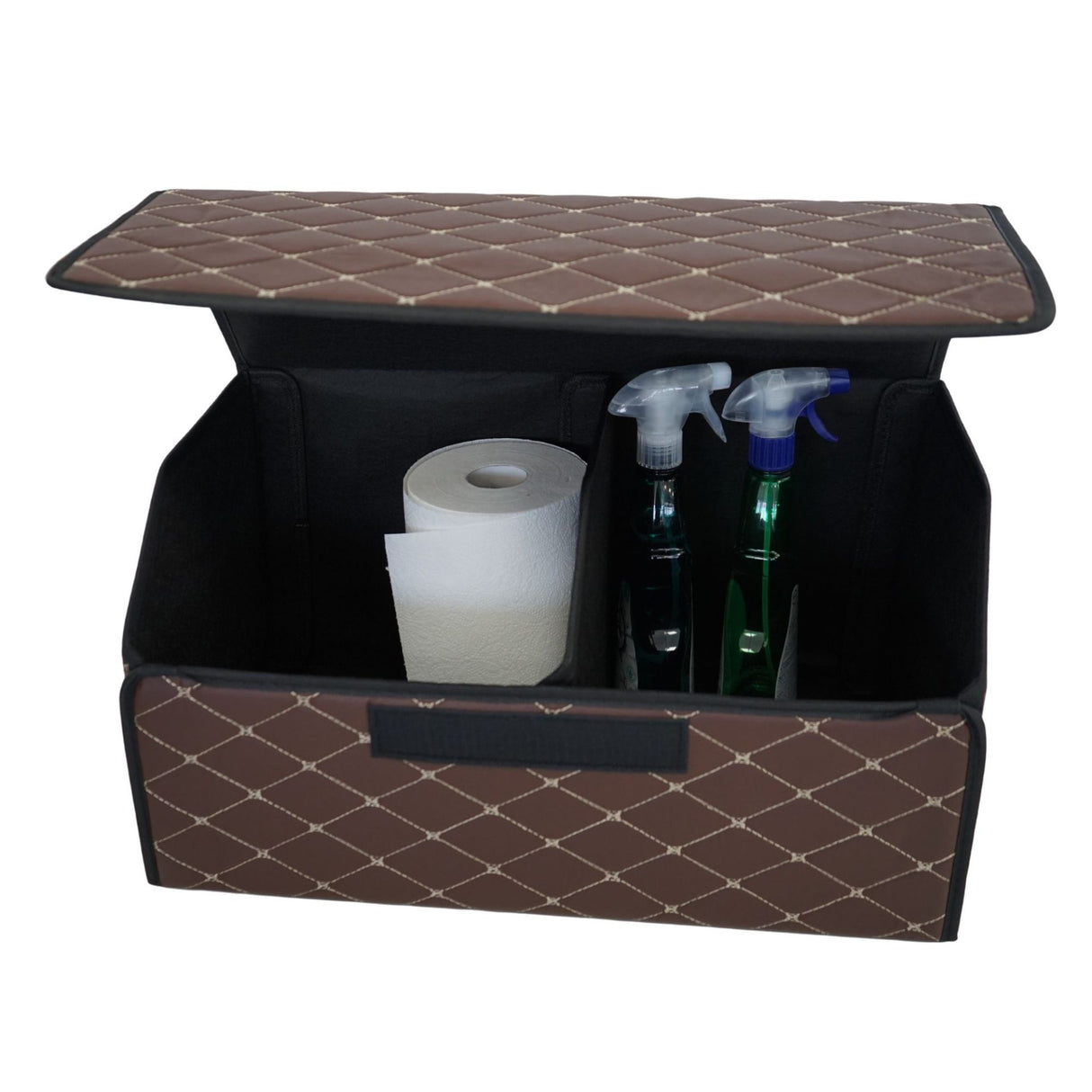 Cutie de Depozitare Auto, Flippy, Organizator Premium Portbagaj, Geanta Multifunctionala din Piele Ecologica, Rezistent la Uzura si Pliabil, 2 Compartimente Depozitare, Maro Havana, 55 x 30 x 30cm - vivimall.ro