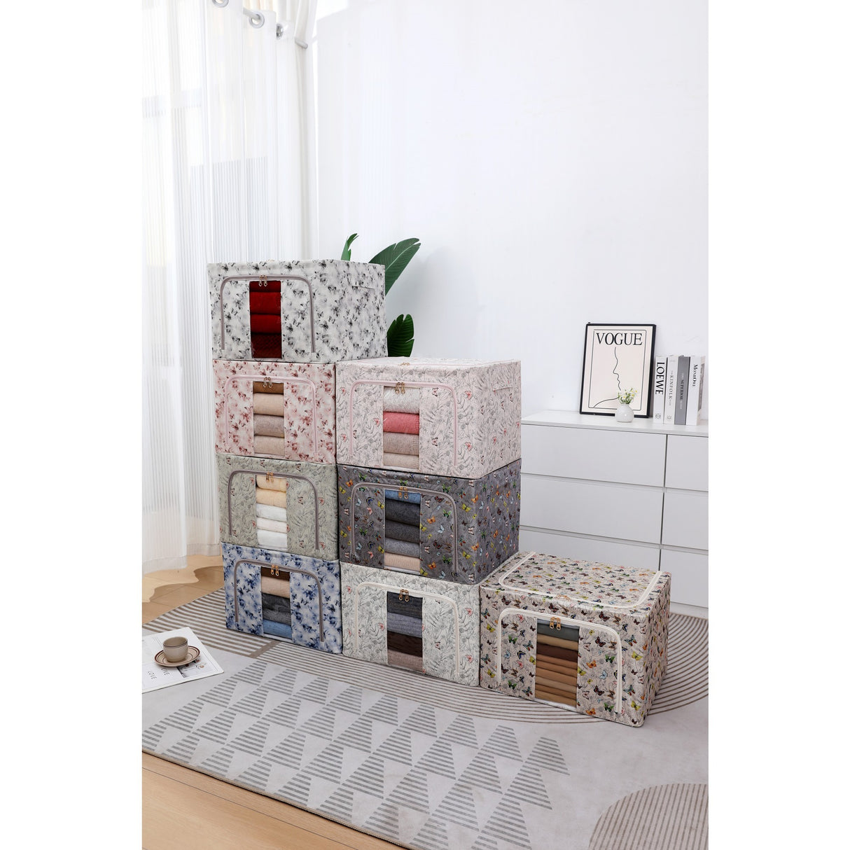 Cutie Depozitare, Vivimall, 66L, din Material Textil, 50 x 40 x 33 cm, pentru Haine si Lenjerii, Model Bambus, Roz - vivimall.ro