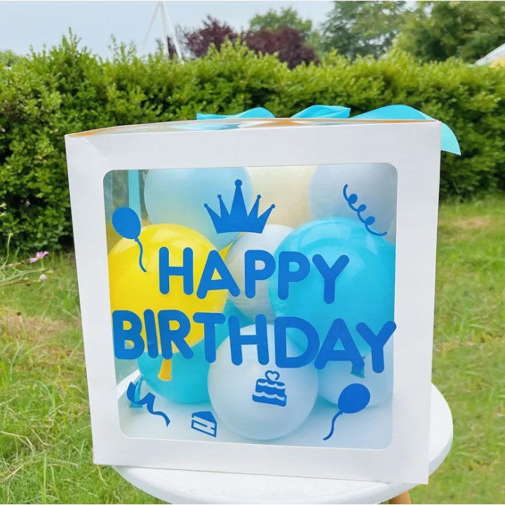 Cutie pentru Baloane, Vivimall, Tematica Aniversare, Model Scris Happy Birthday, Baloane Albastre, Albe, Galbene si Panglica Incluse, Contur Alb, Transparenta, 30x30 cm