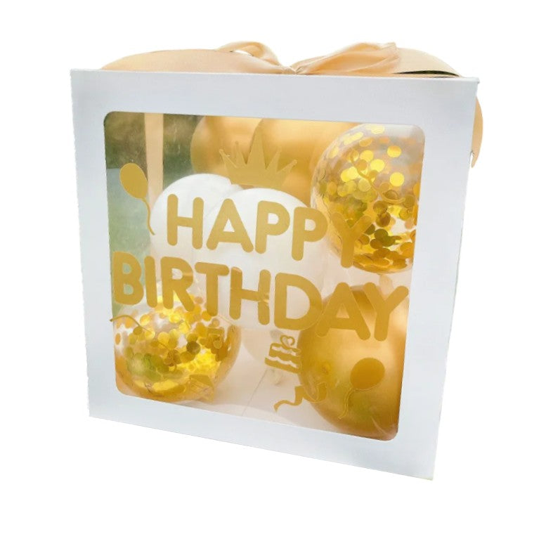 Cutie pentru Baloane, Vivimall, Tematica Aniversare, Model Scris Happy Birthday, Baloane Aurii, Albe si Panglica Incluse, Contur Alb, Transparenta, 30x30 cm