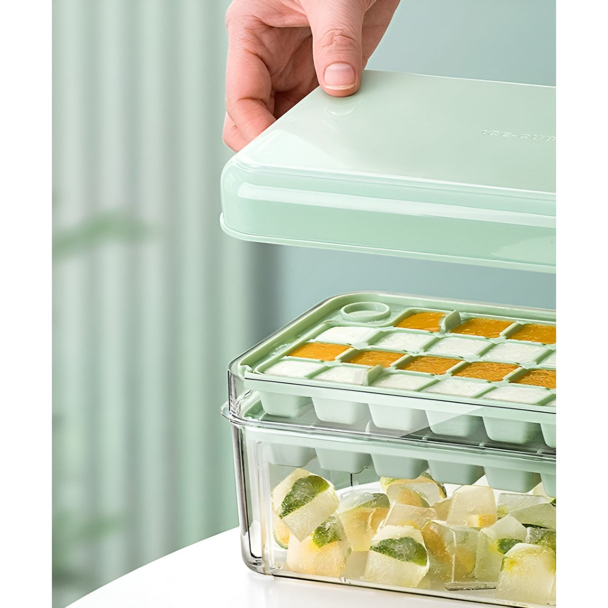 Set Cutie pentru Gheata, Vivimall, Uz Casnic, 1 Tavita pentru Cuburi, Capac Etans, Lopata, 23.5x13.3x10 cm, Verde - vivimall.ro