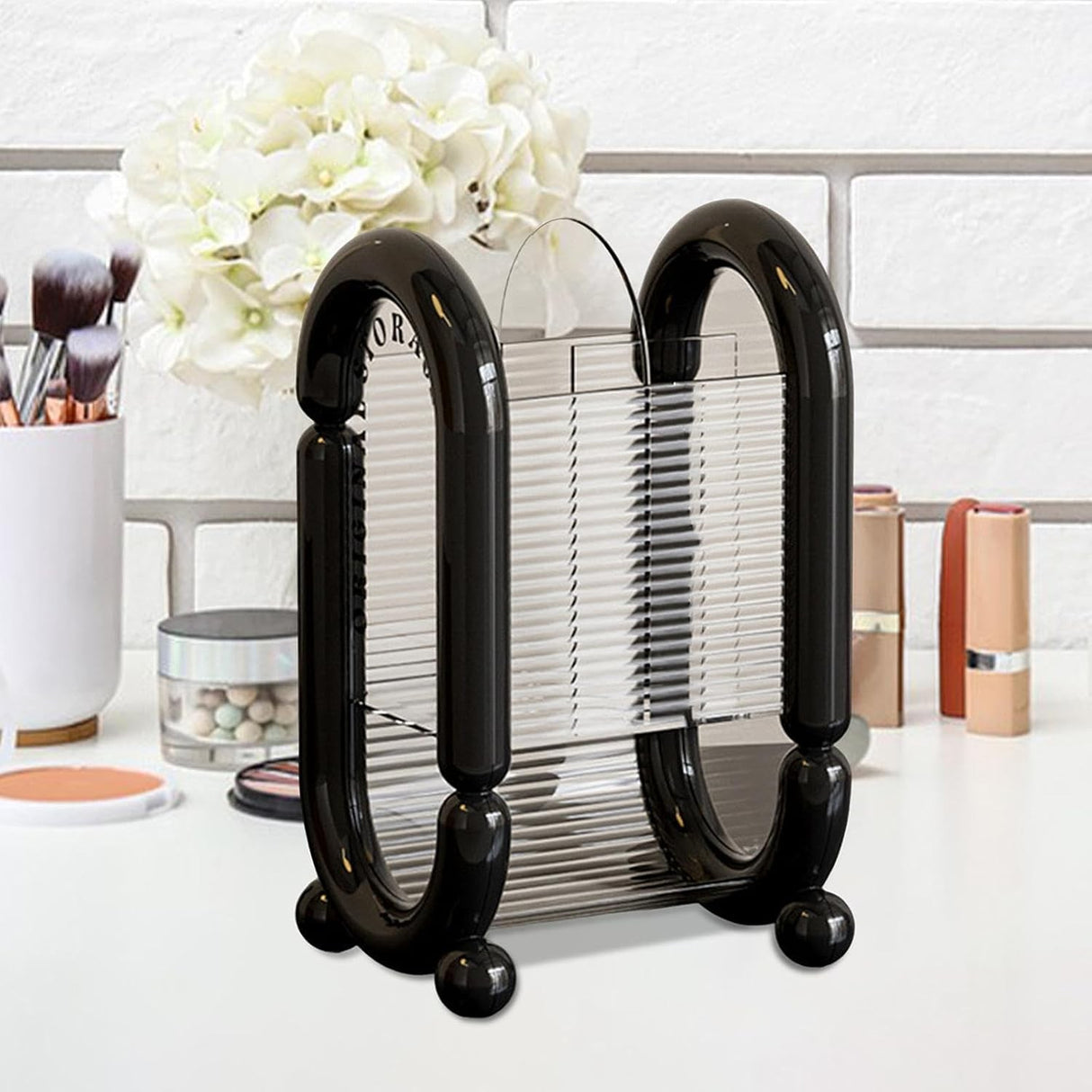 Cutie pentru Depozitare Cosmetice, Vivimall, pentru Pensule, Creioane si Buretei, 4 Compartimente, din Plastic, 12 x 10 x 20 cm, Negru - vivimall.ro