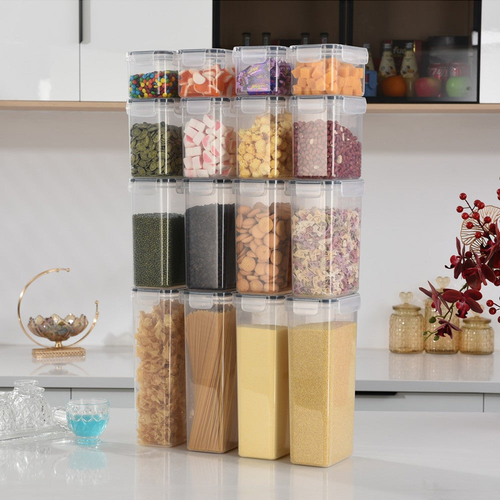Cutii de depozitare alimente, Vivimall, Set din 16 Cutii pentru Condimente, Cereale, Cutii pentru Bucatarie, din Plastic PP, Cutii Alimentare, Diferite Dimensiuni, Transparente - vivimall.ro