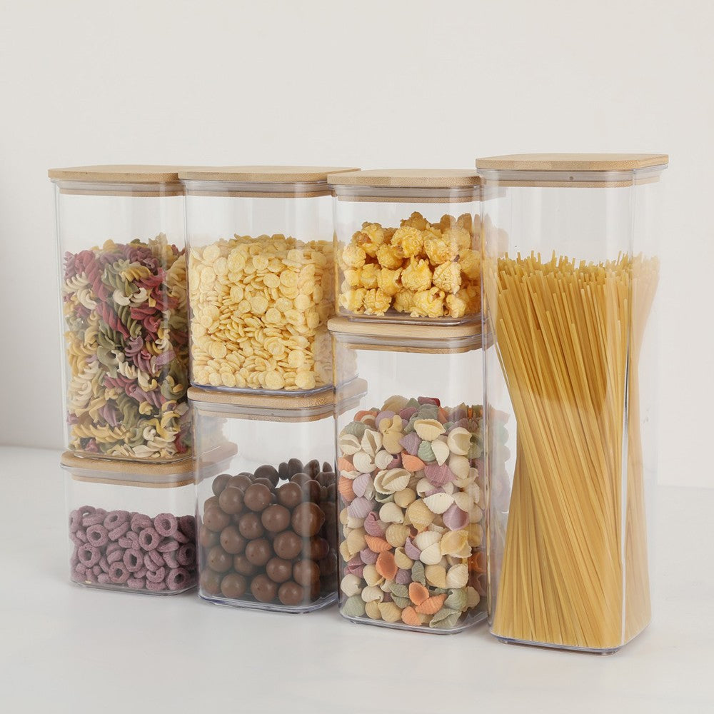 Cutii de Depozitare Alimente, Vivimall, Set din 7 Cutii de tip Container, Cutii pentru Cereale, din Plastic, Capac din Bambuc, 2pc 0.5 l, 2pc 0.8 l, 2pc 1.2 l, 1pc 2.5 l, Transparente - vivimall.ro