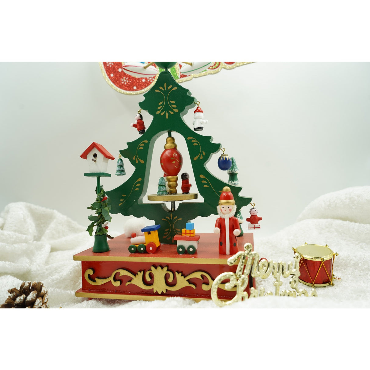 Cutiuta muzicala decorata de Craciun, Brad, Verde, din Lemn, 17 cm x 27 cm, Interior, Flippy