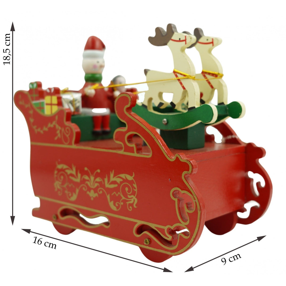 Cutiuta muzicala decorata, Sania lui Mos Craciun, Rosu, din Lemn, 16 cm x 18.5 cm, Interior, Vivimall, Resigilat - vivimall.ro