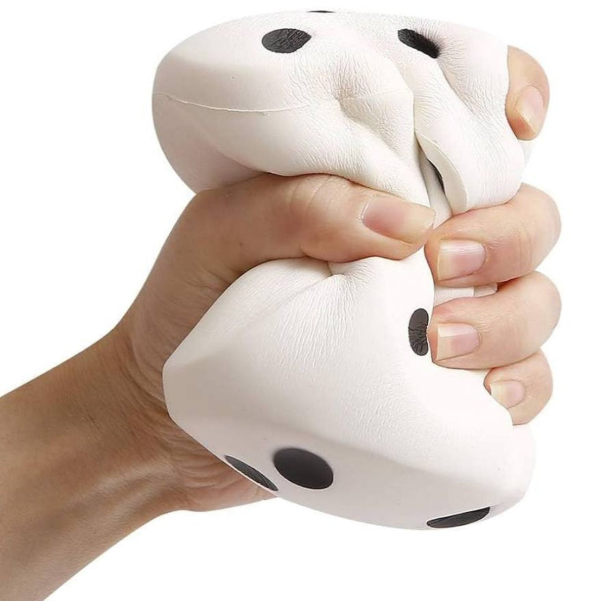 Zar Squishy Flippy 6,5 cm alb-negru, detaliu puncte 3D și suprafață moale, vedere de aproape
