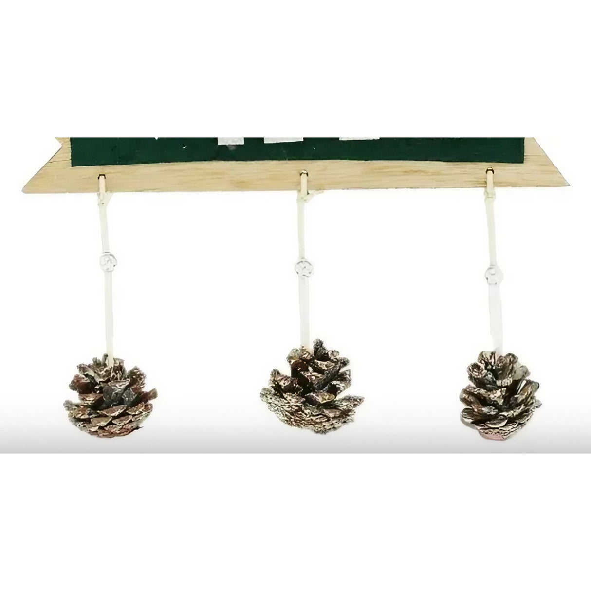 Decoratiune Craciun din Lemn, Flippy, Model Scris Xmas, Conuri Atarnate, cu Inimioara 25x9 cm, pentru Brad sau Usa, Verde/Argintiu