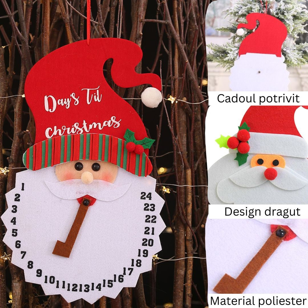 Decoratiune de Craciun Vivimall, Advent calendar, numara zilele pana la Craciun, model Mos Craciun, material poliester, 37 x 22 cm, rosu