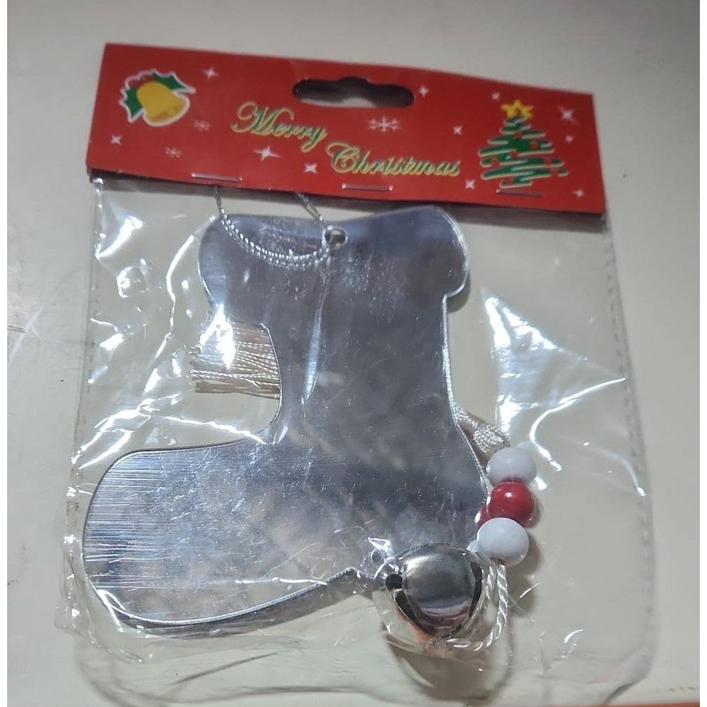 Decoratiune de Craciun, Flippy, pentru Brad, Model Cizma de Mos cu Clopotel, Lucios, Argintiu