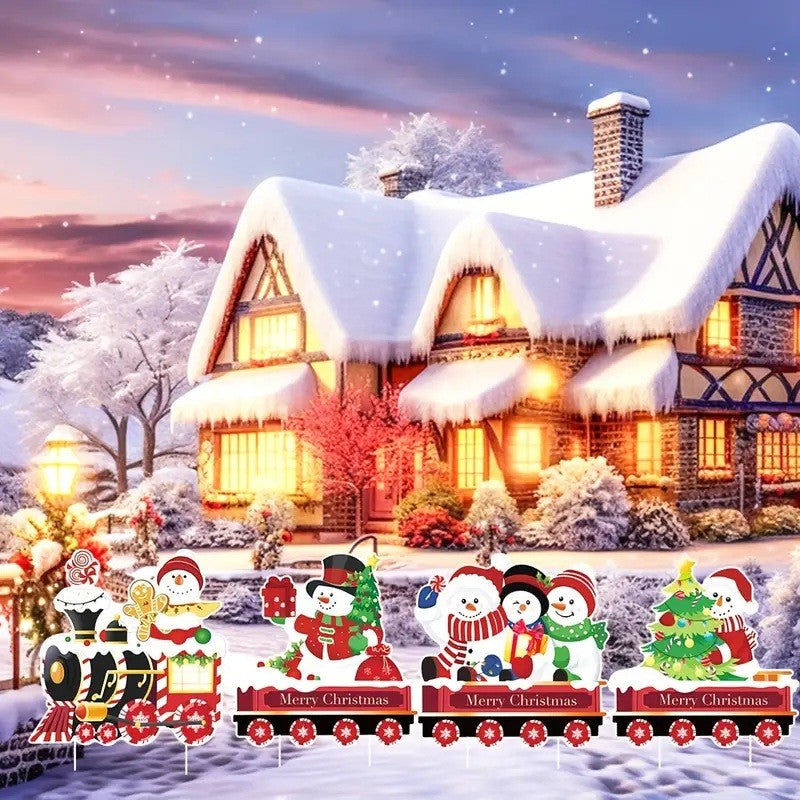 Decoratiune de Craciun, Flippy, pentru Gradina, Tip Trenulet, 4 Figurine + Bete de Infipt in Pamant, din Plastic, Impermeabil, Model Oameni de Zapada, Multicolor