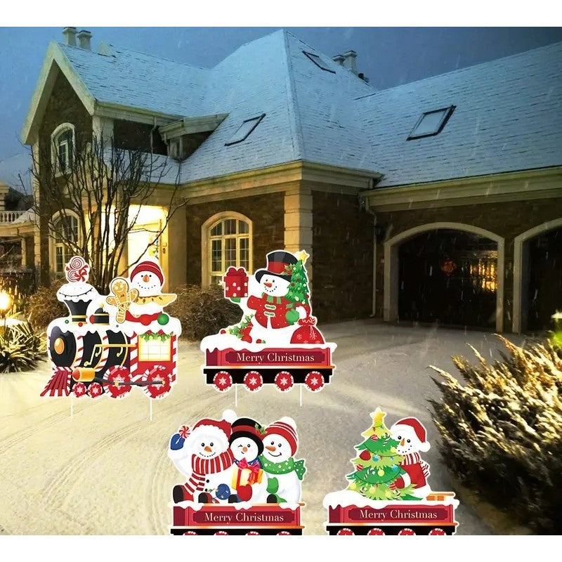 Decoratiune de Craciun, Flippy, pentru Gradina, Tip Trenulet, 4 Figurine + Bete de Infipt in Pamant, din Plastic, Impermeabil, Model Oameni de Zapada, Multicolor