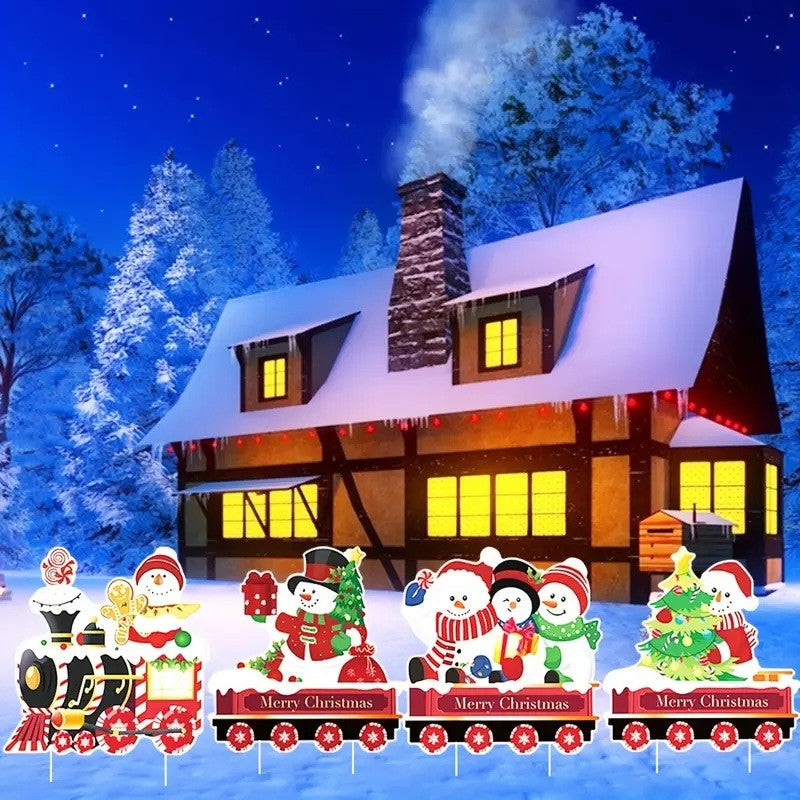 Decoratiune de Craciun, Flippy, pentru Gradina, Tip Trenulet, 4 Figurine + Bete de Infipt in Pamant, din Plastic, Impermeabil, Model Oameni de Zapada, Multicolor