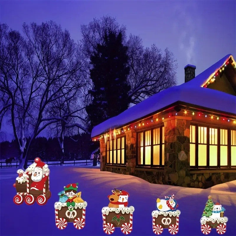 Decoratiune de Craciun, Flippy, pentru Gradina, Tip Trenulet, 5 Figurine + Bete de Infipt in Pamant, din Plastic, Impermeabil, Model Mos Craciun cu Prietenii, Multicolor