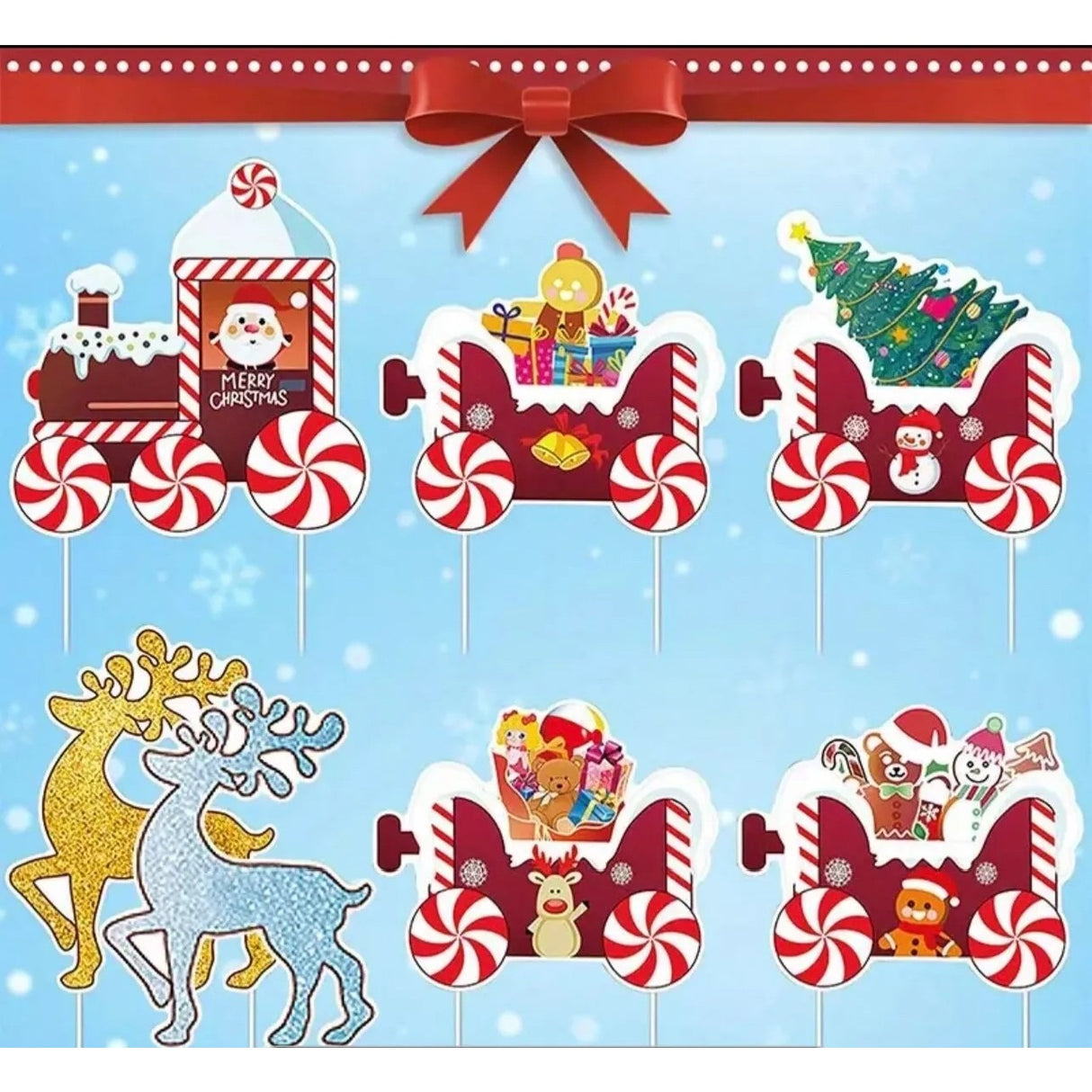 Decoratiune de Craciun, Flippy, pentru Gradina, Tip Trenulet, 7 Figurine + Bete de Infipt in Pamant, din Plastic, Impermeabil, Model Renii Joy si Noel, Multicolor