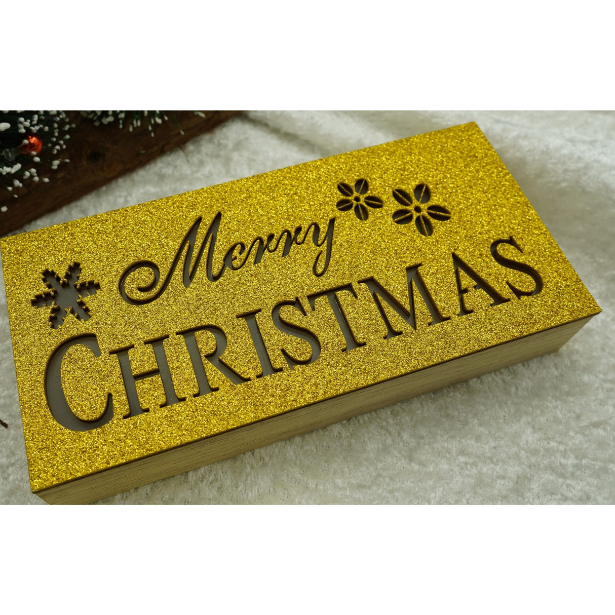 Decoratiune luminoasa, Flippy, Marry Christmas, galben, lungime: 19 cm, latime: 9 cm, inaltime: 4 cm, lemn, interior/exterior - vivimall.ro