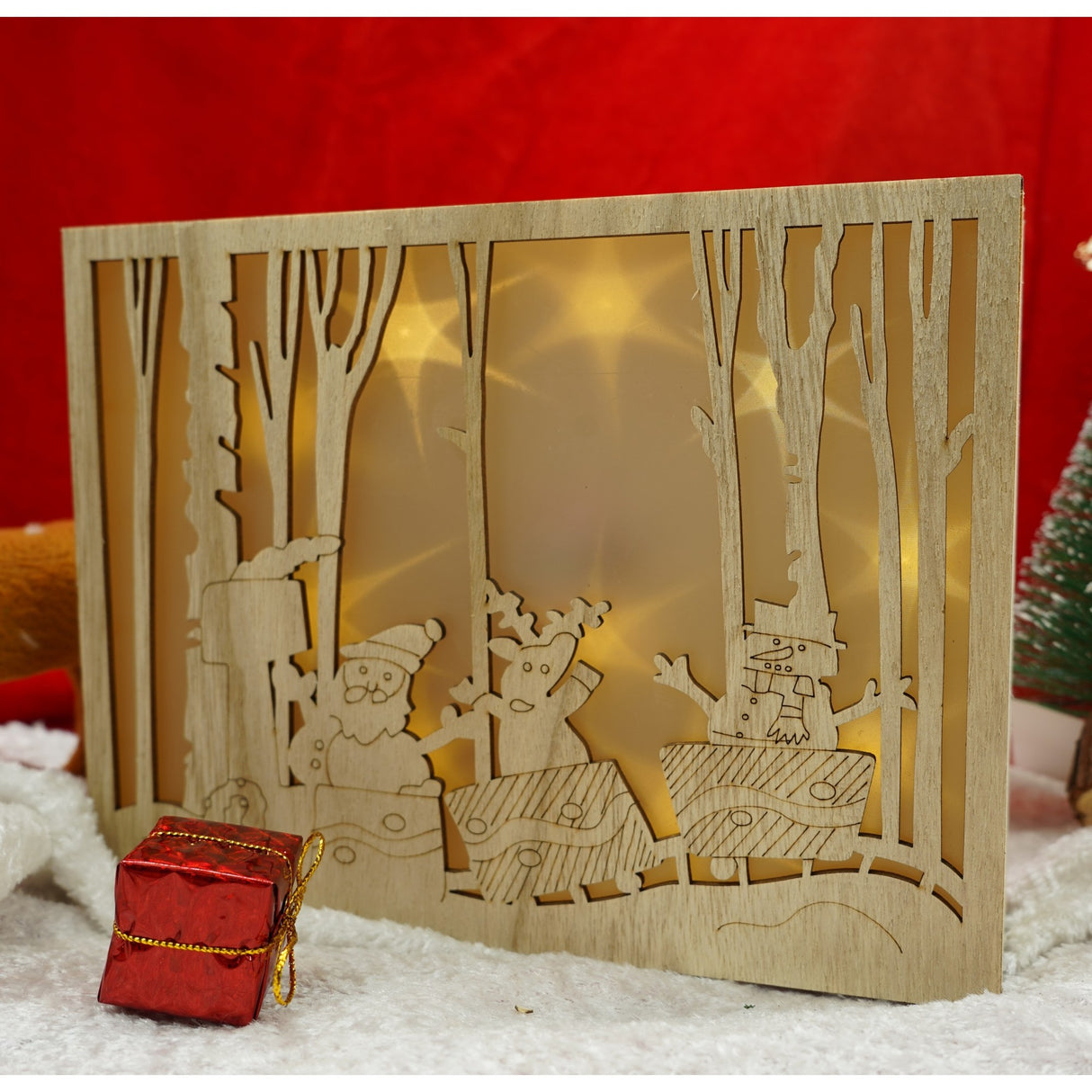 Decoratiune luminoasa, Flippy, Peisaj de iarna - Mos Craciun, maro, lungime: 21 cm, latime: 5 cm, inaltime: 16 cm, lemn, interior/exterior - vivimall.ro