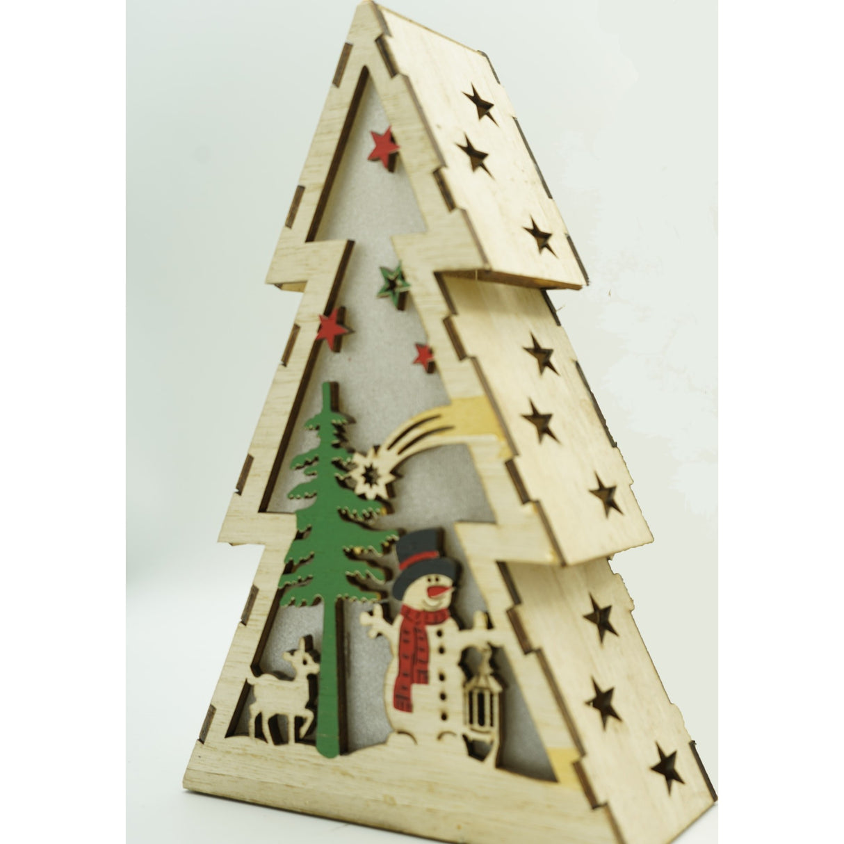 Decoratiune luminoasa, model de Brad cu Om de zapada, maro, lungime: 14 cm, latime: 5 cm, inaltime: 20 cm, lemn, interior/exterior - vivimall.ro