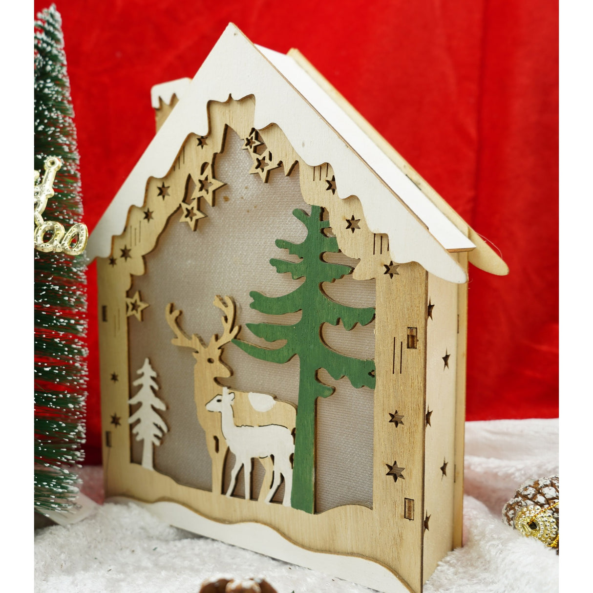 Decoratiune luminoasa, model de  Casa cu Reni, maro, lungime: 18 cm, latime: 5 cm, inaltime: 21 cm, lemn, interior/exterior - vivimall.ro