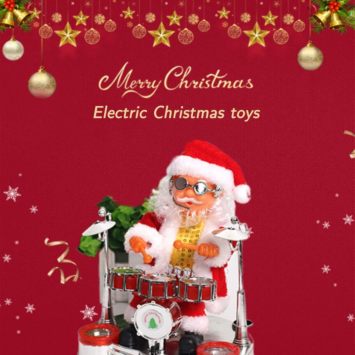 Decoratiune Mos Craciun, Flippy, Animat, care Canta si Danseaza, cu Tobe, Imbracat Festiv, 20x17 cm Inaltime, Rosu