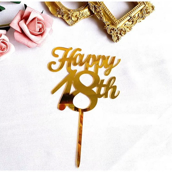 Decoratiune Topper pentru Tort, Vivimall, Model Happy18th, Dimensiuni 10 cm, Tematica Majorat, Auriu - vivimall.ro