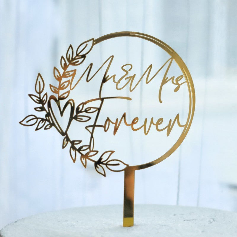 Decoratiune Topper pentru Tort, Vivimall, Model Mr&Mrs Forever, Tematica Nunta, 10 cm, Auriu - vivimall.ro
