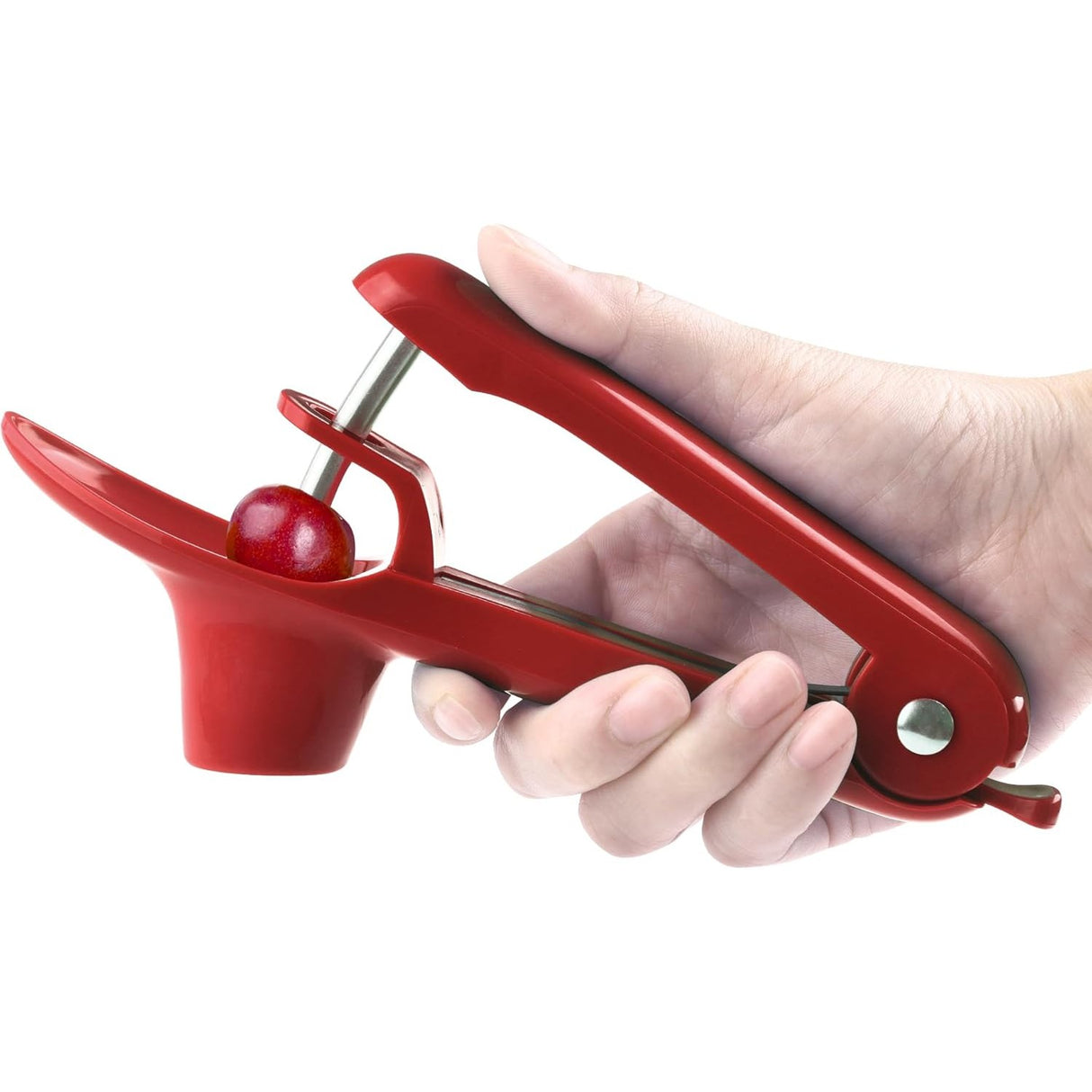Dispozitiv de Scos Samburi, Vivimall, Manual, cu 1 Gaura, pentru Cirese/Masline, 20.5 x 3.8 x 13 cm, din ABS+Otel Inoxidabil, cu Maner, Rosu - vivimall.ro