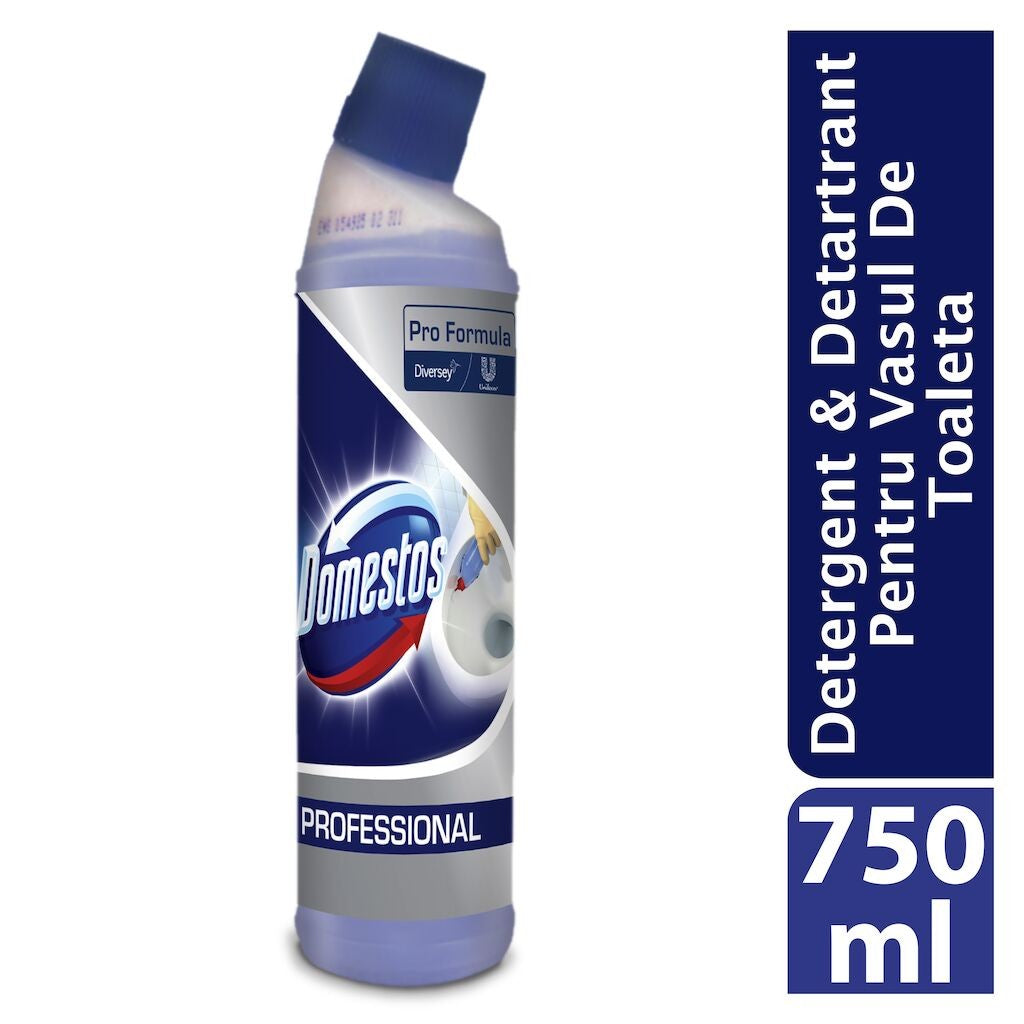 Flacon detartrant Domestos Professional 0,75 L, etichetă cu instrucțiuni de utilizare și avertismente