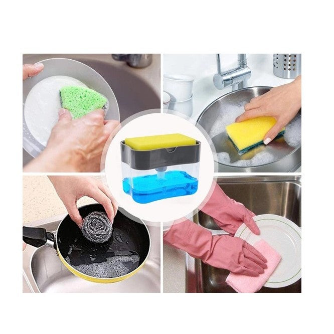 Dozator Vivimall, Dispenser 2 in 1 pentru Detergent Lichid de Vase sau pentru Obiecte Sanitare cu Suport pentru Burete de Bucatarie ,14 x 10.5 x 10 cm, capacitate 380 ml, gri - vivimall.ro