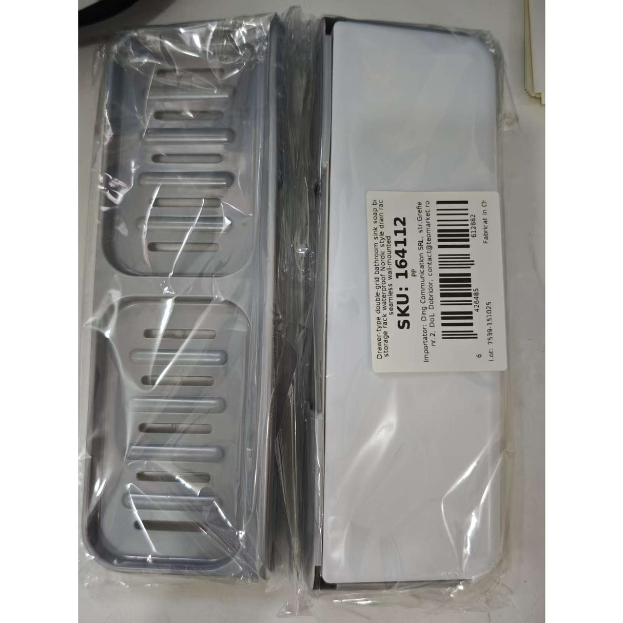 Savoniera Dubla, Flippy, de Perete, cu Compartiment de Scurgere, Montare prin Lipire, 26 x 8 x 4 cm, Gri/Alb