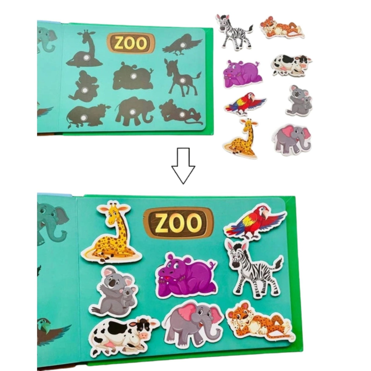 Activitate Jungle Games din Quiet Book Flippy – recunoaștere animale exotice, pagini colorate