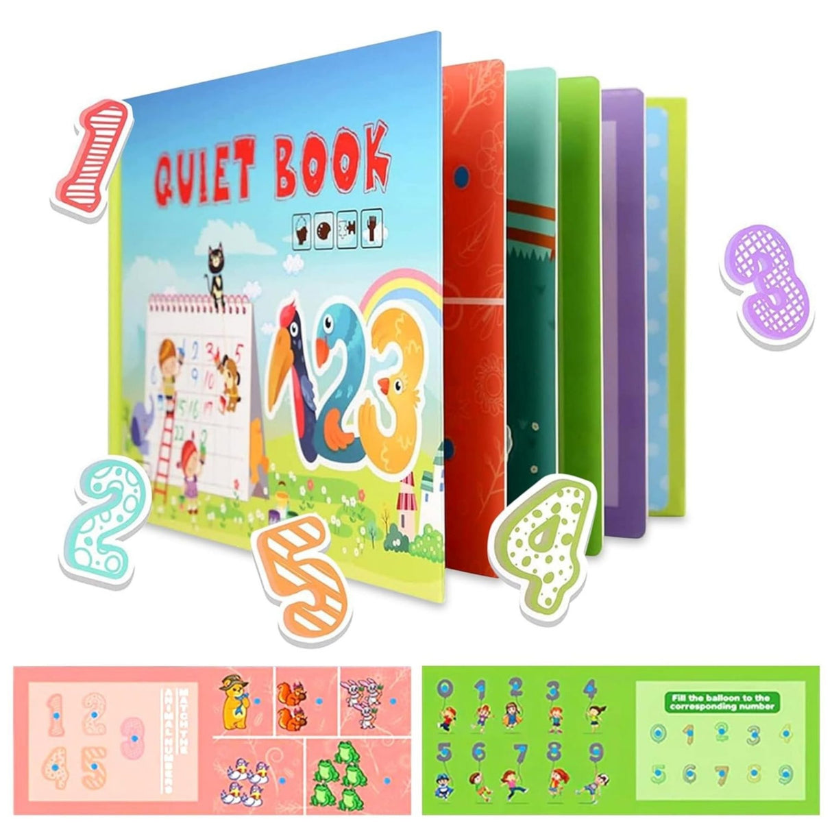 Pagini interactive Quiet Book Flippy Numere, activități de asociere cifre cu obiecte, detaliu interior