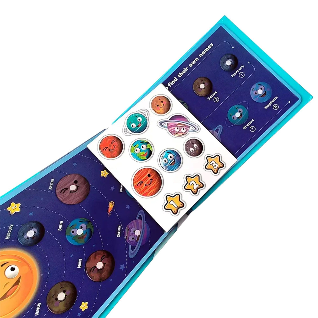 Puzzle navă spațială pe coperta interioară a Quiet Book Flippy, joc logică pentru 3 ani