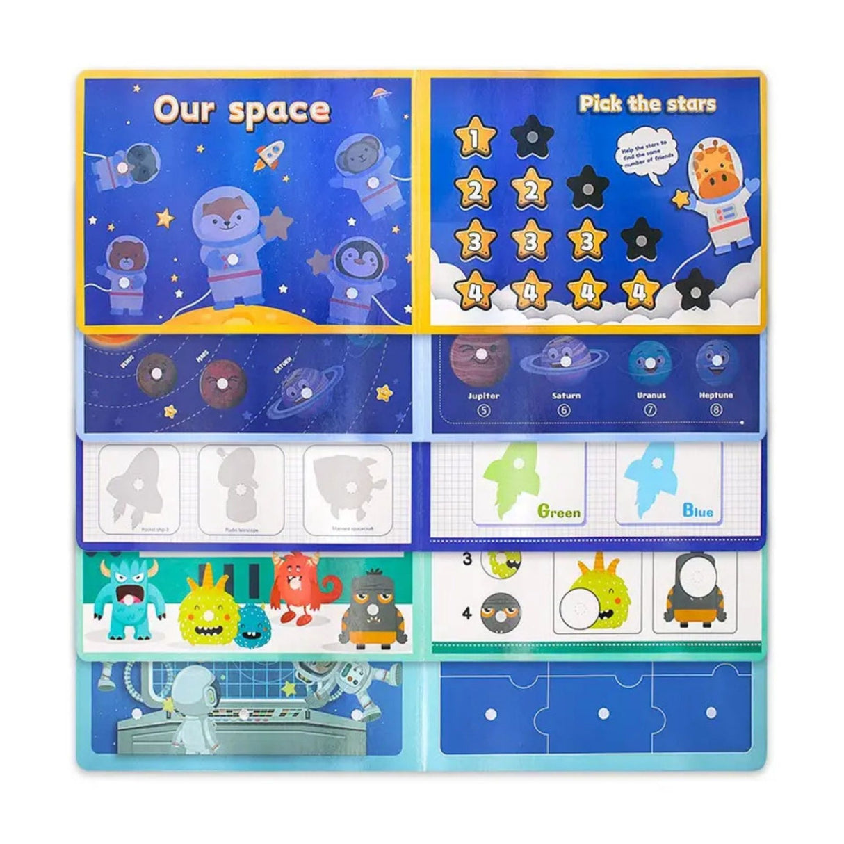 Copil de 3 ani lipind stickere reutilizabile cu astronauți în Quiet Book senzorial Flippy