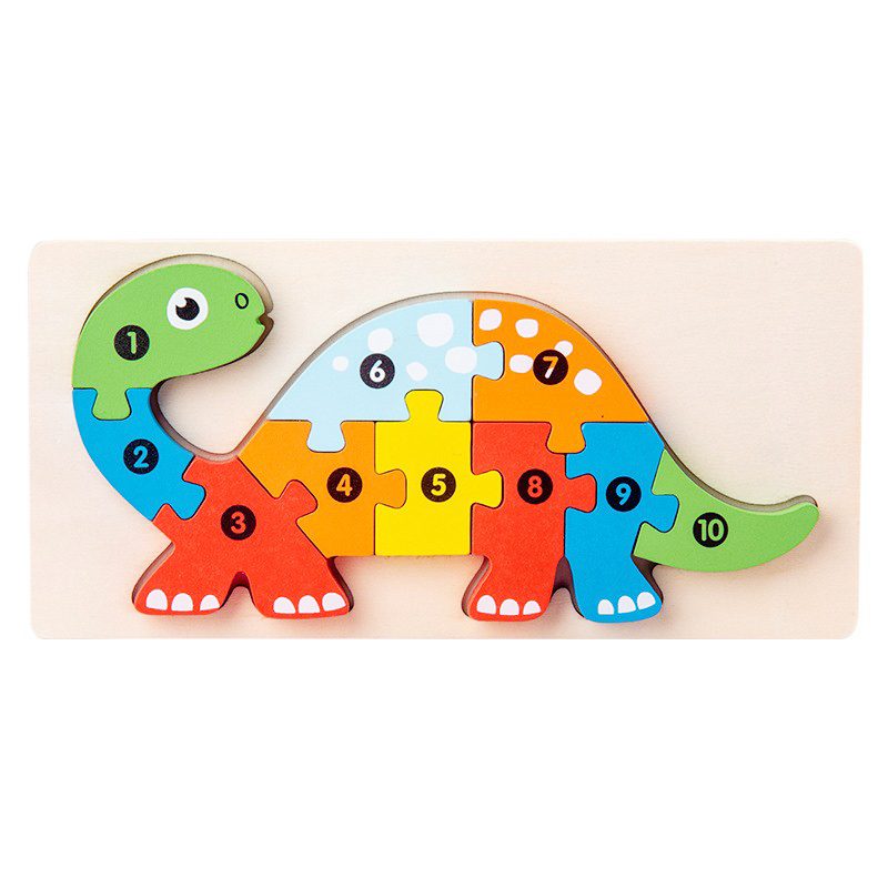Puzzle din lemn 3D Flippy Montessori, model Brachiosaurus, 11 piese colorate, vedere frontală completă