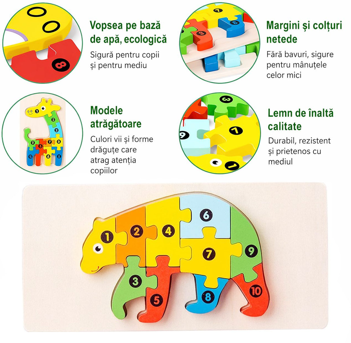 Detaliu piese puzzle din lemn Flippy, vopsea ecologică multicolor, textura lemnului natural vizibilă