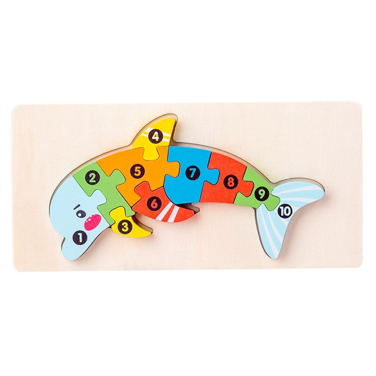 Puzzle din lemn 3D Flippy Montessori model delfin, 11 piese multicolor, vedere frontală completă