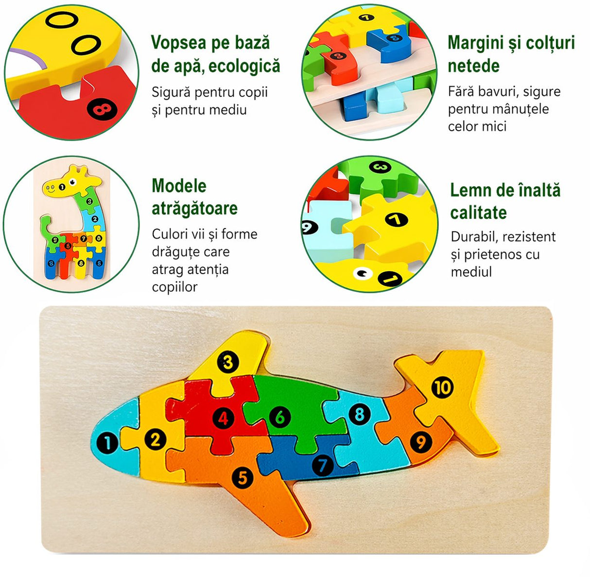 Copil 0-3 ani manipulând piesele puzzle lemn Flippy avion, jucărie educativă Montessori
