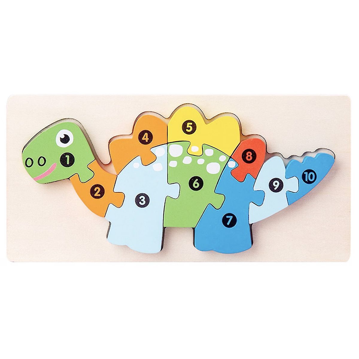 Puzzle din lemn 3D Flippy model Stegosaurus, 11 piese multicolore, vedere frontală completă