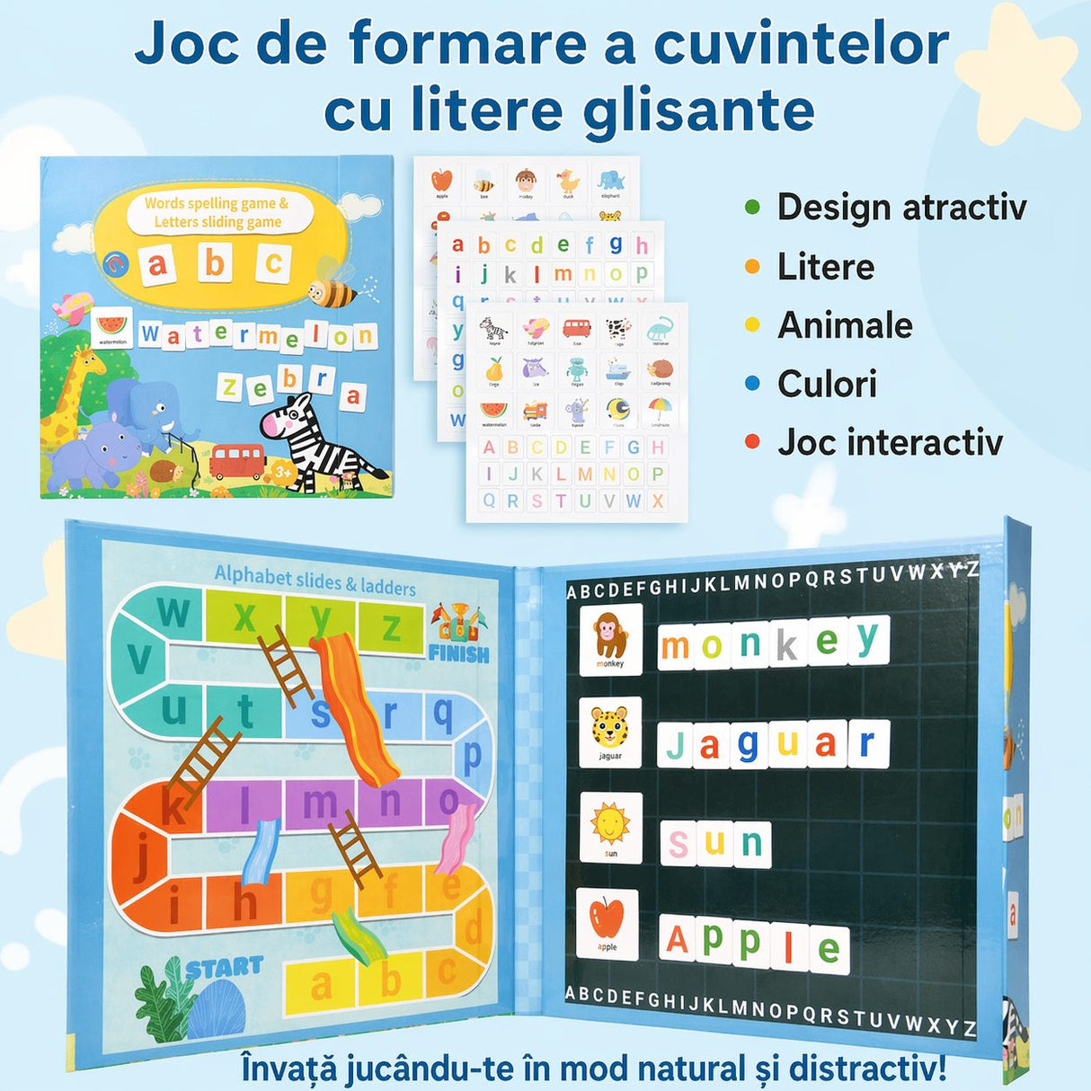 Joc educativ Flippy cu litere magnetice alfabet englez, detaliu piese colorate pe suprafața cărții