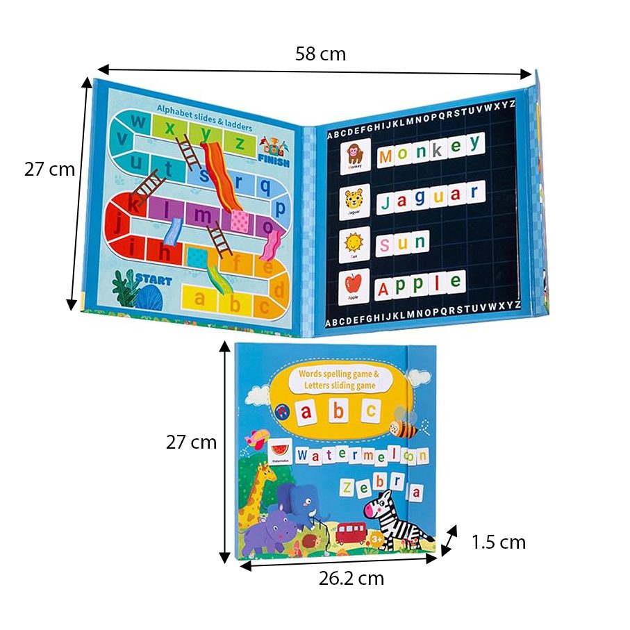 Carte magnetică Montessori Flippy deschisă, litere alfabet englez aranjate de copil, vedere de sus