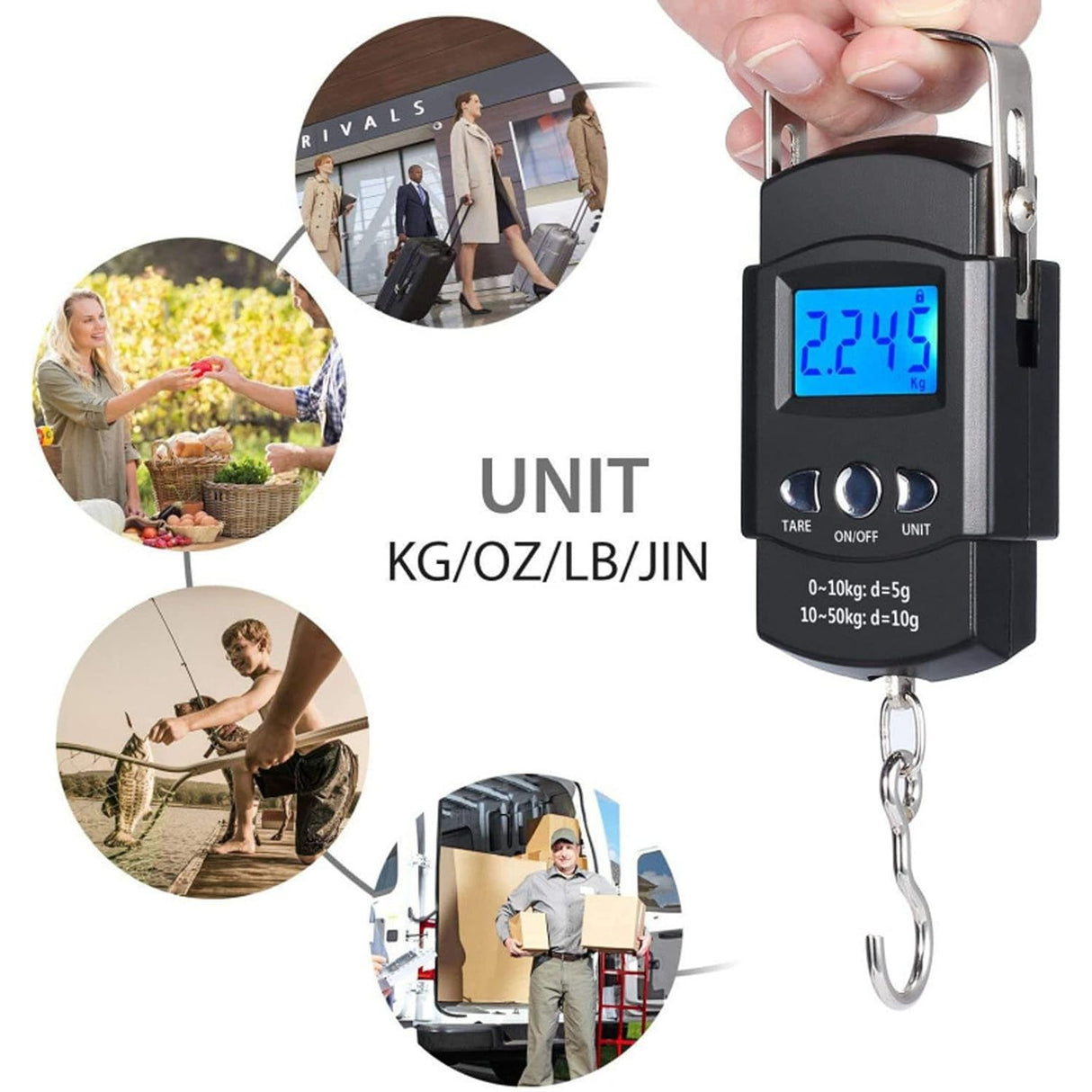 Cantar Digital de Mana cu Carlig, Vivimall, Cantar Portabil, Pescuit, cu Maner, Capacitate 50 kg, cu Metru Incorporat, 20.5 x 6 x 2.5 cm, Negru - vivimall.ro