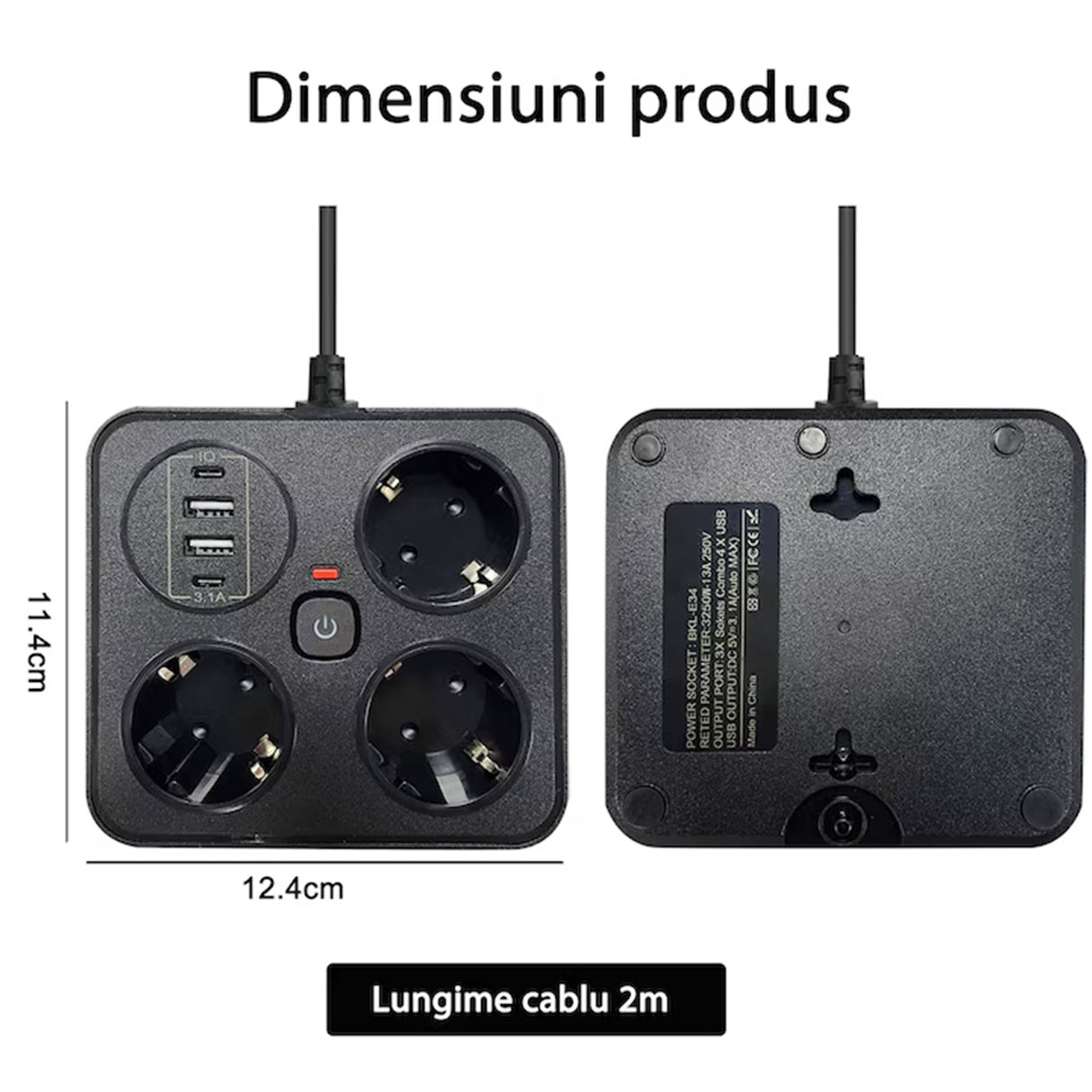 Dimensiuni prelungitor Flippy 11,4 x 12,4 cm, vedere de sus cu toate porturile vizibile
